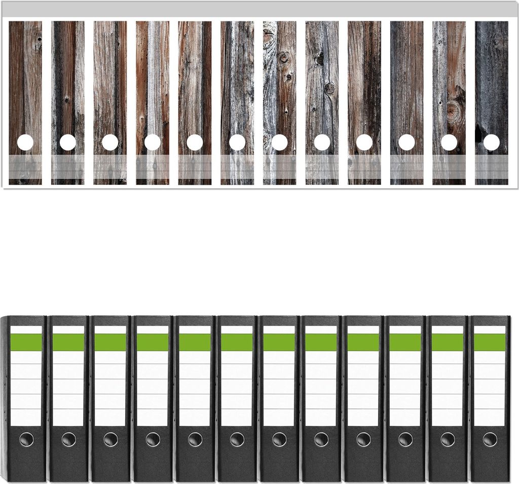 Wallario 12 Stück breite Ordner inkl. Klebeetiketten mit Motive Alte Holzwand - Holzplanken in grau und braun - Set mit Rückenschildern / Ordner...
