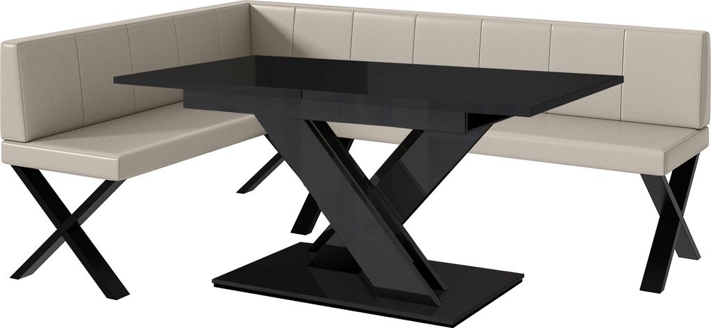 MEBLINI Eckbank für Esszimmer mit ausziehbarem Tisch - Küchenbank - Essecke - Sitzecke Küche - PETER - X-Beine 142x196x87cm Links - Beige Kunstl...