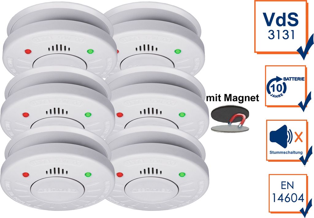 6er-Set Rauchmelder mit 10 Jahres Batterie, Q-Label + Magnetbefestigung