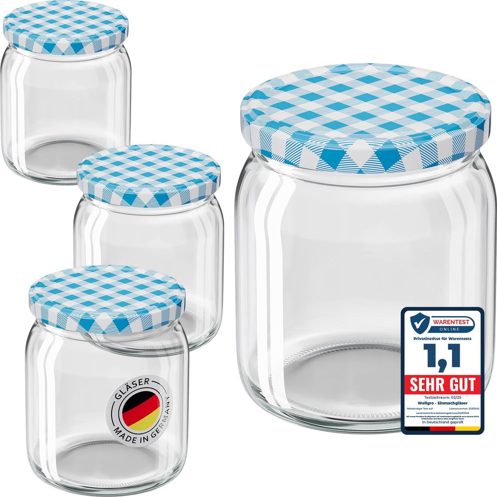 25x WELLGRO Einmachgläser 400ml – Schraubdeckel TO82 Rundglas