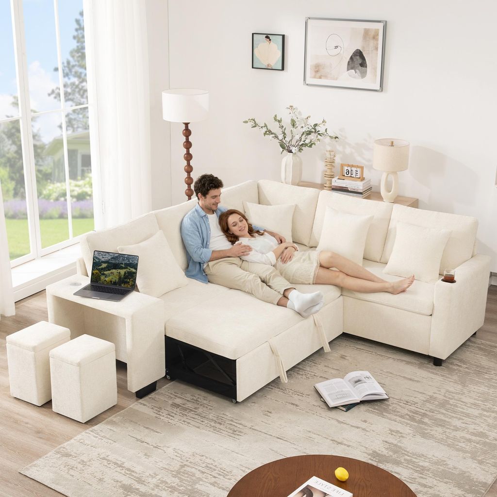 Merax L-förmiges ausziehbar Schlafsofa, Ecksofa mit Schlaffunktion, Stauraum, USB, Getränkehalter, Kissen, Bettsofa für Wohnzimmer & Heimkino, B...