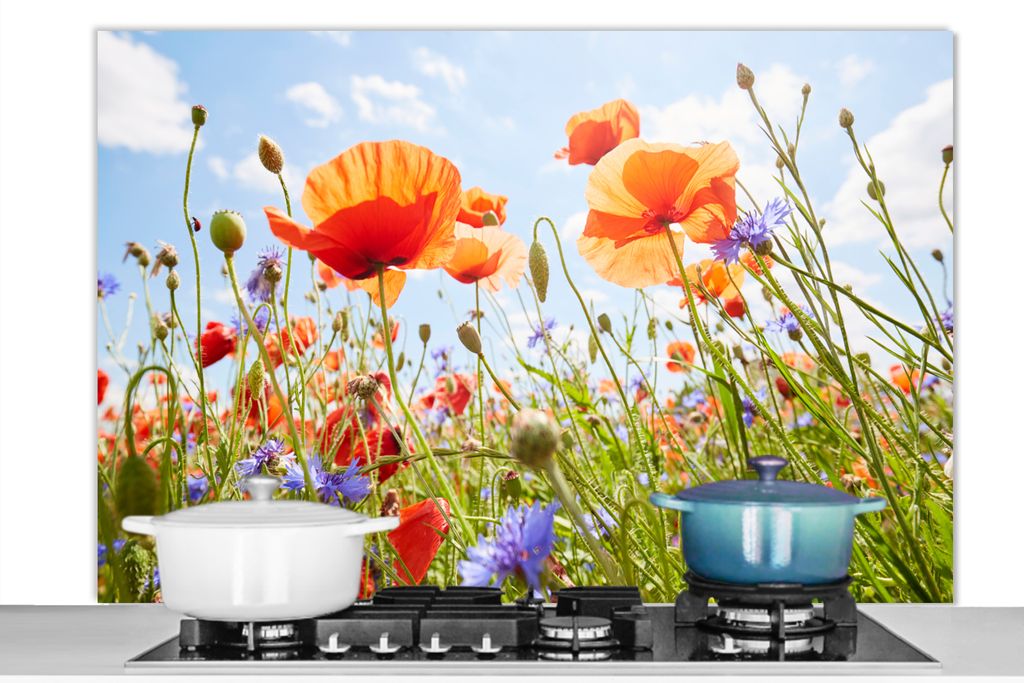 KitchenYeah Spritzschutz Küche - Küchenrückwand - Wandschutz für Herd und Spüle - Blumen - Mohn - Frühling - Natur - Rot - Blau 120x80 - Al...