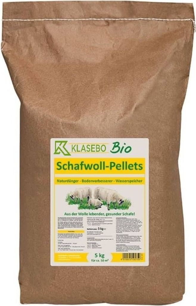 A brown paper bag containing Schafwoll-Pellets.