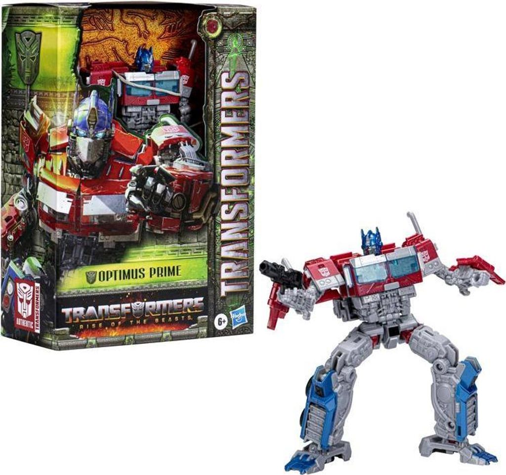 A Transformers Optimus Prime action figure is shown in its packaging and also displayed outside of the packaging.