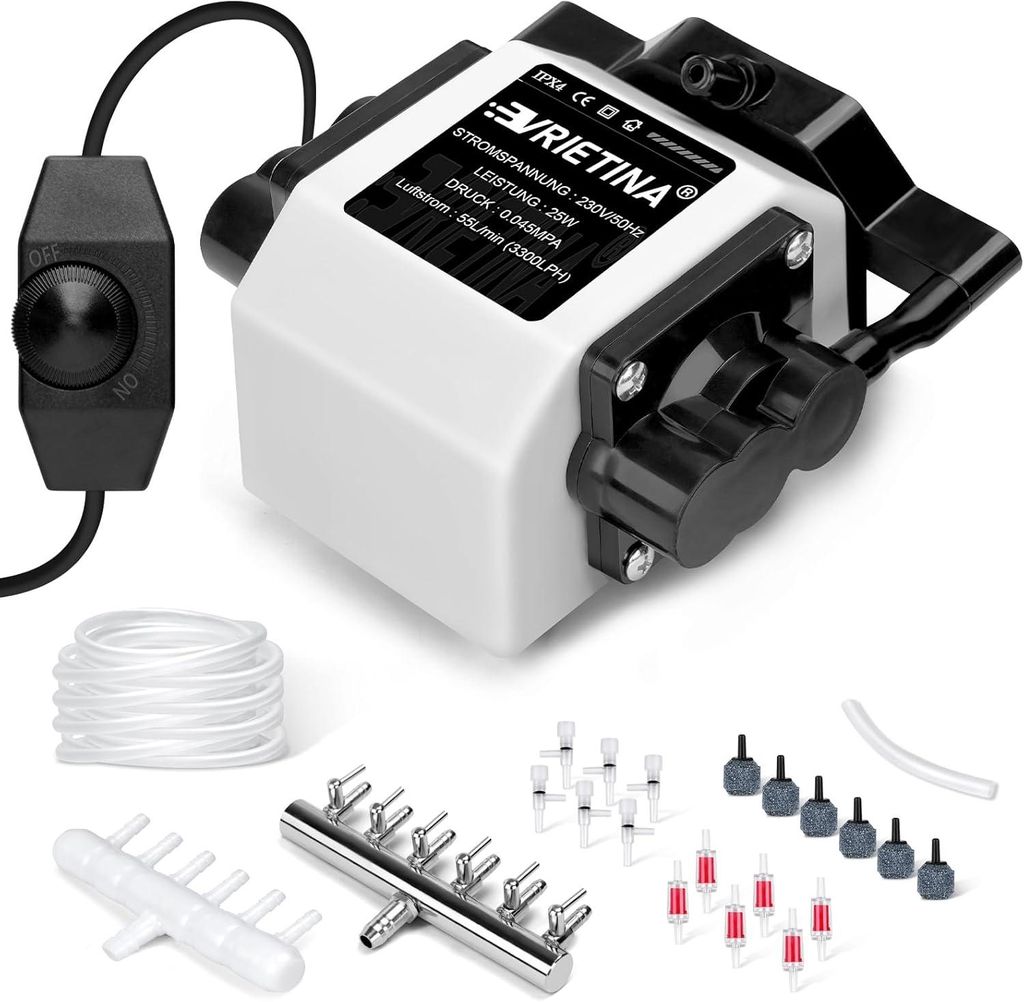 Aquarium Luftpumpe mit 6 Ausgängen 25W Regelbare Teichbelüfter für Gartenteiche 6 Luftsteine Belüfterpumpe Sauerstoffpumpe Teichbelüftung Bis ...