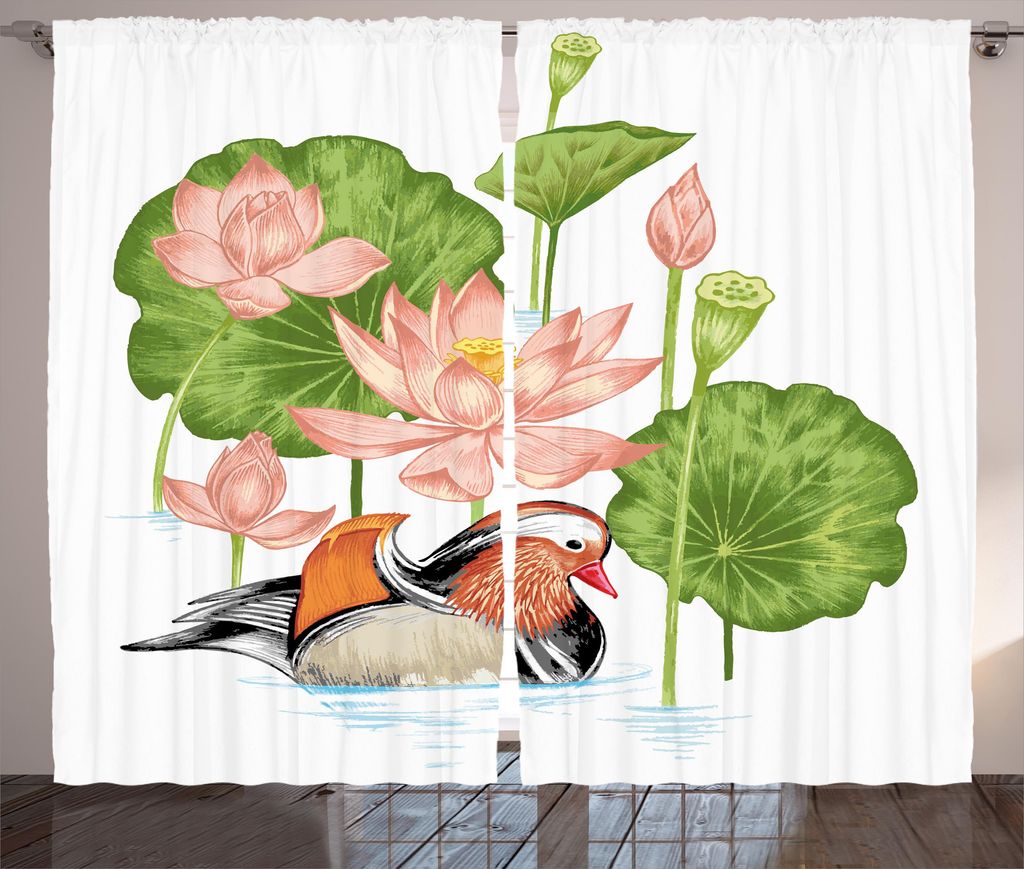 ABAKUHAUS Ente Rustikaler Gardine, Mandarin in Teich, Schlafzimmer Kräuselband Vorhang mit Schlaufen und Haken, 280 x 175 cm, Weiß Grün und Rosa