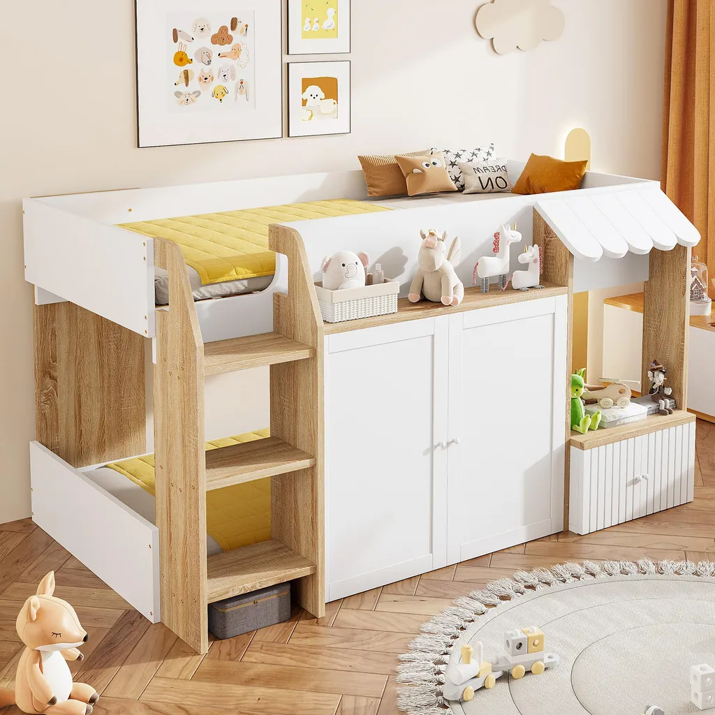 Lit Mezzanine Enfant 90x200 cm Bois Blanc avec Échelle et Étagères
