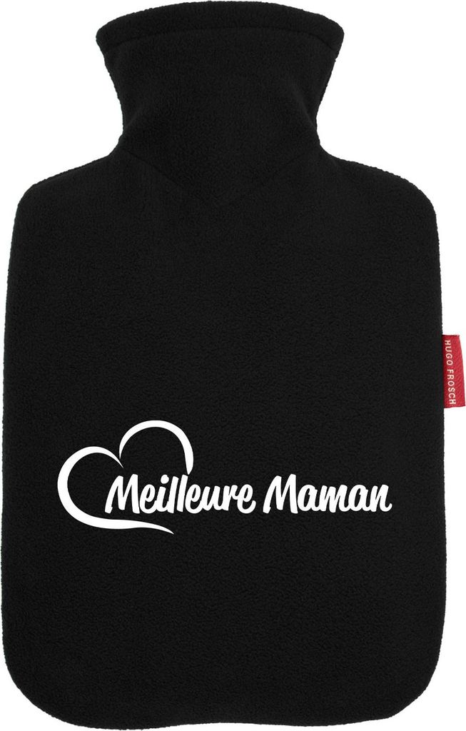 Huuraa Wärmflasche Meilleure Maman Cœur 1,8 Liter Black Classic Veloursbezug Bettflasche Geschenkidee