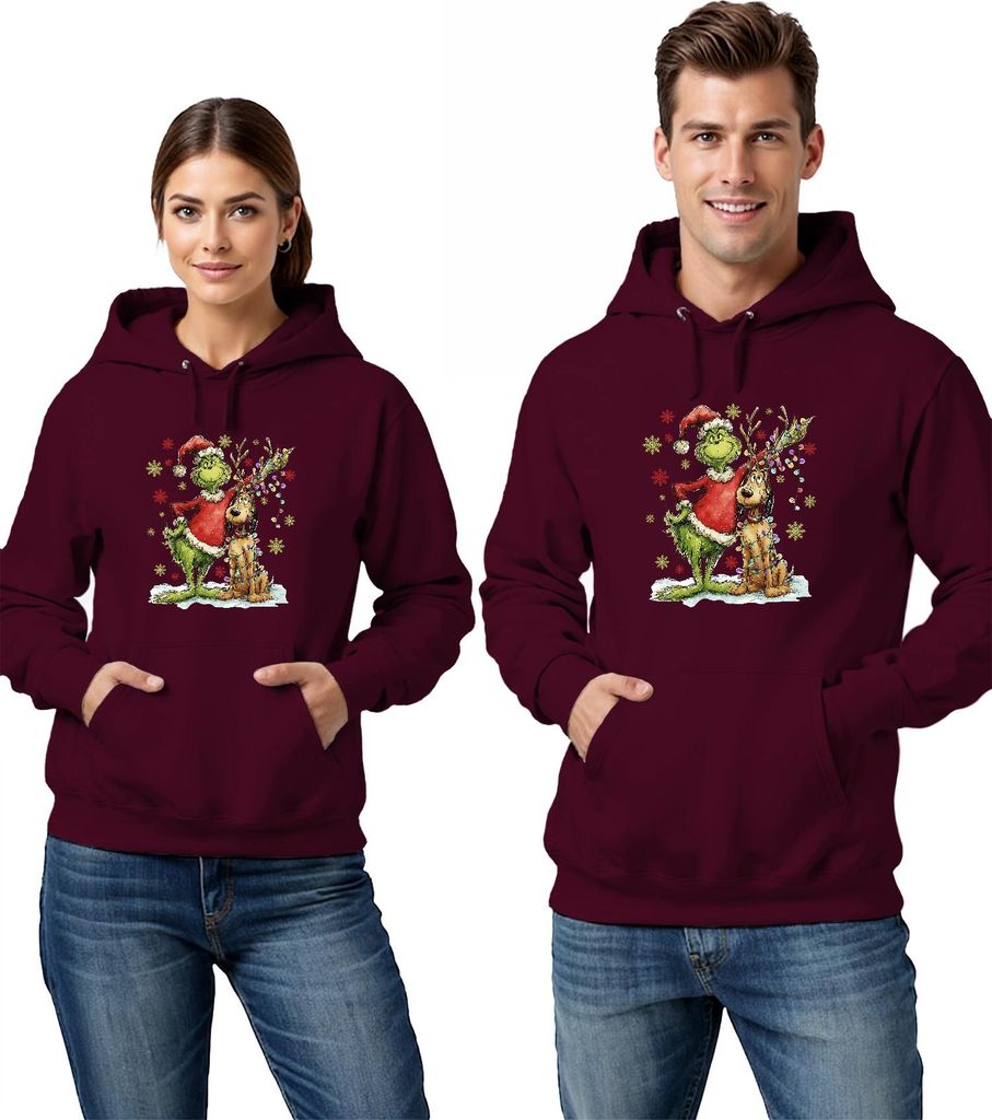Grinch Weihnachten Rentier Lichterkette Schneeflocken Geschenk Uni Hoodie Kapuzenpullover, Burgundy, M