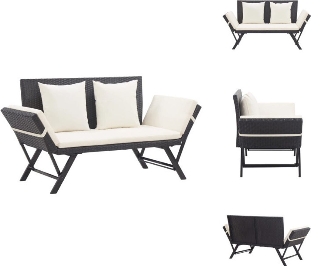 vidaXL Gartenbank mit Auflagen 176 cm Schwarz Poly Rattan - Gartenbänke