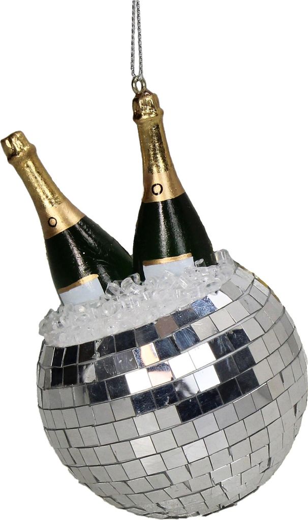Christbaumschmuck Glas 11cm Discokugel Sektflaschen Figur Silber