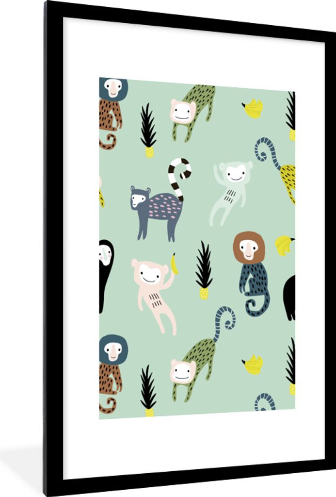 MuchoWow MuchoWow Gerahmtes Poster Affe - Banane - Grün 60x90 cm - Poster mit zchwarzem Bilderrahmen - Dekoration - Wandposter Wohnzimmer - Ho...