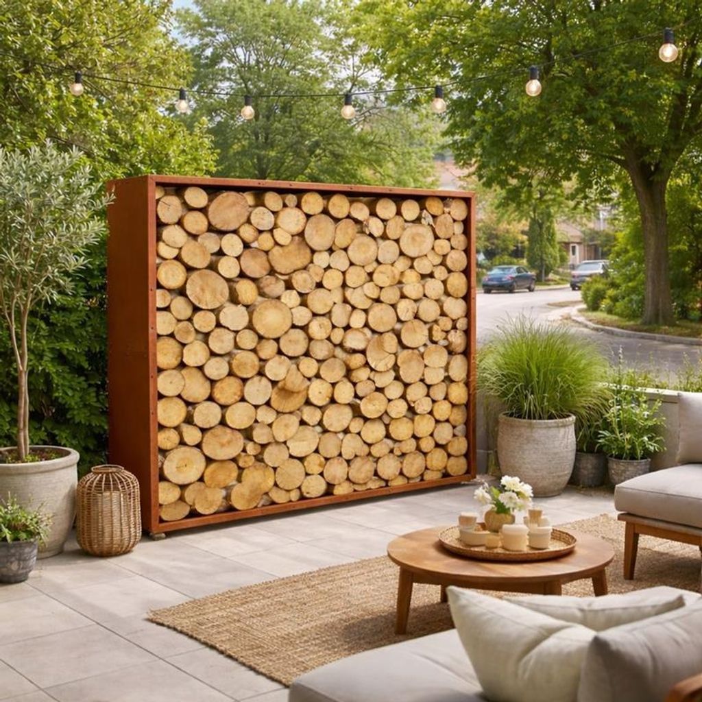 Cortenstahl Sichtschutzwand Brennholzregal 200x200x38 cm Produktbild 