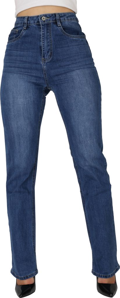 Mytrendshoe Damen Jeans High Waist Used Look Straight Leg 5-Pocket-Style Hose 837593, Farbe: Blau, Größe: 38