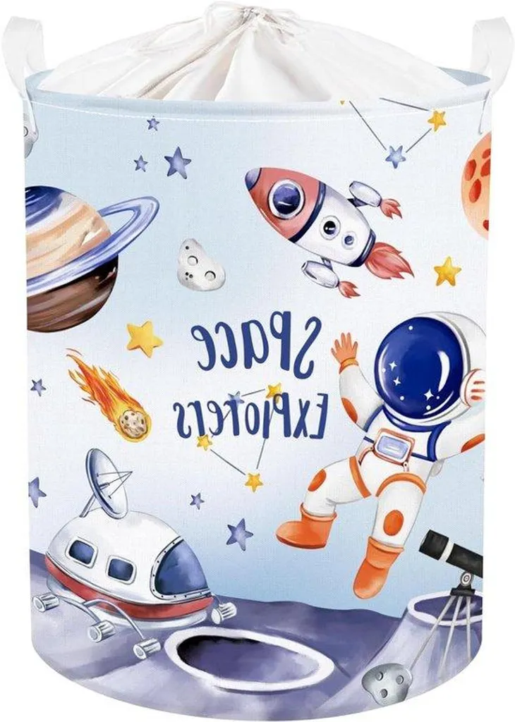 Coffre à jouets rond et panier à linge bleu motif espace pour petit