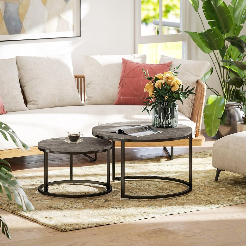Couchtisch 2er Set rund Marmoroptik stapelbar, Satztisch Sofatisch MDF & Metall, Dunkelgrau | 78,5x78,5x46,5 cm | bis 50 kg | 3 Fußpads