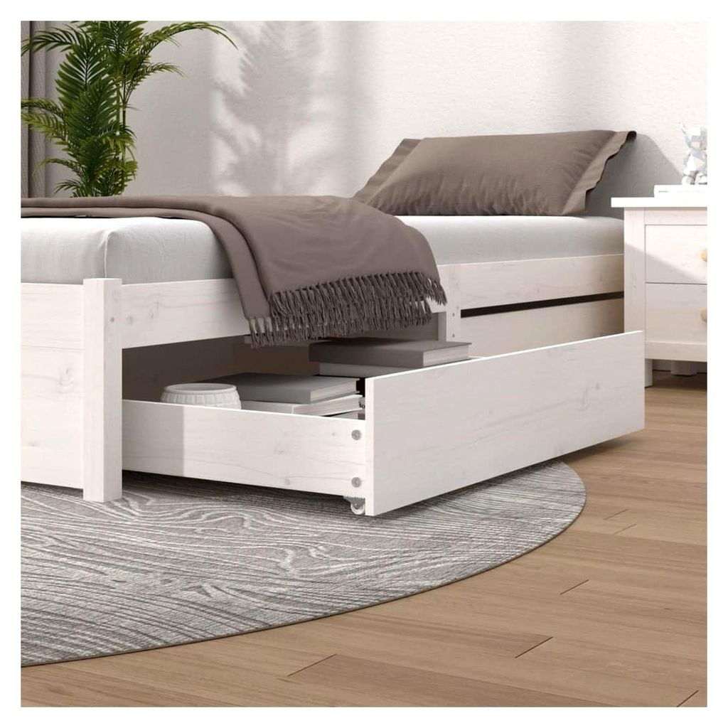 2x Bettschublade Bettkasten Bettschubkasten Schubkasten Unterbettschublade Bettschubladen Schublade Schlafzimmer Weiß Massivholz Kiefer