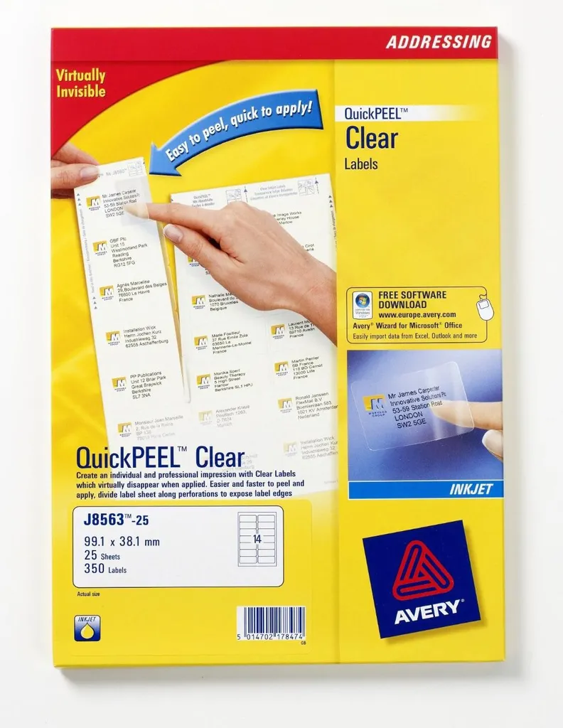 Avery J8563-25 Étiquettes Transparentes Jet d'Encre - Boîte de 350