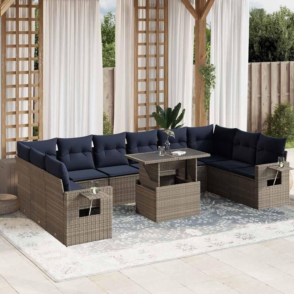 Maison Exclusive - 11-teiliges Gartensofa-Set mit Kissen, grau, Polyrattan