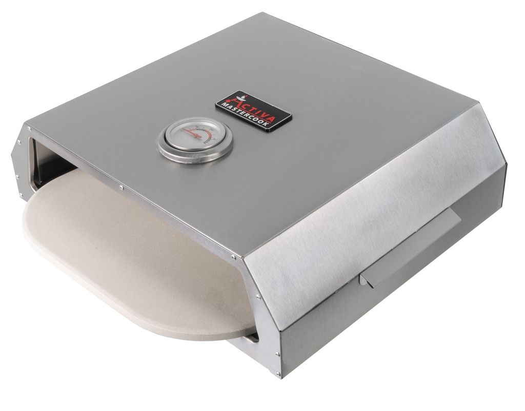 A stainless steel pizza oven attachment with a pizza stone partially inserted.