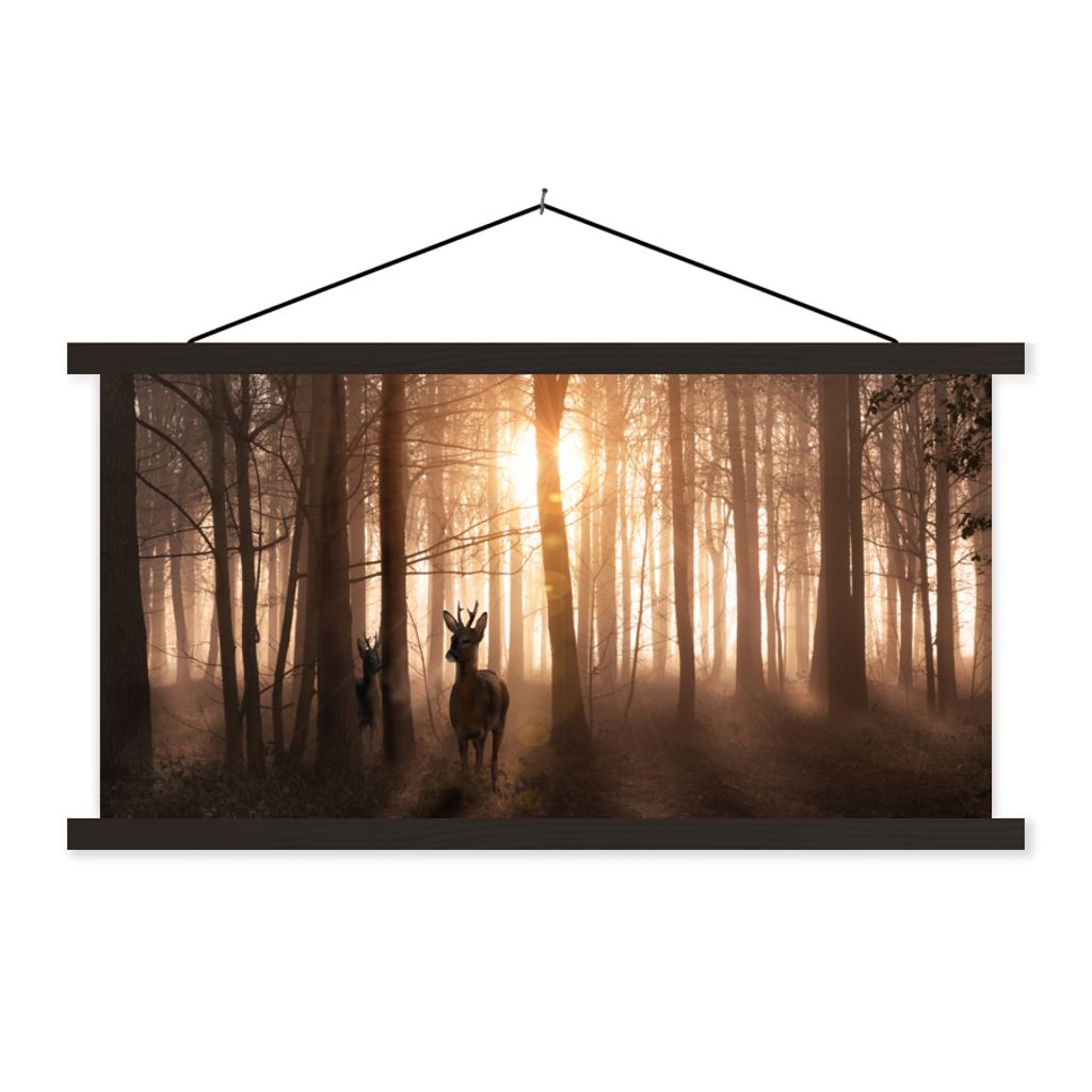 MuchoWow Textilposter Wald - Hirsche - Sonne - Bäume - Winter - Natur - Tiere 150x75 cm mit schwarzem Rahmen - Posterleiste