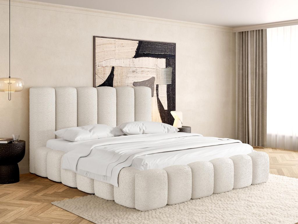 Polsterbett 140x200 mit Bettkasten und Lattenrost – Weiß Bett mit hohem Kopfteil, Boucle oder Samt Stoff - Modernes Doppelbett mit Stauraum – ...