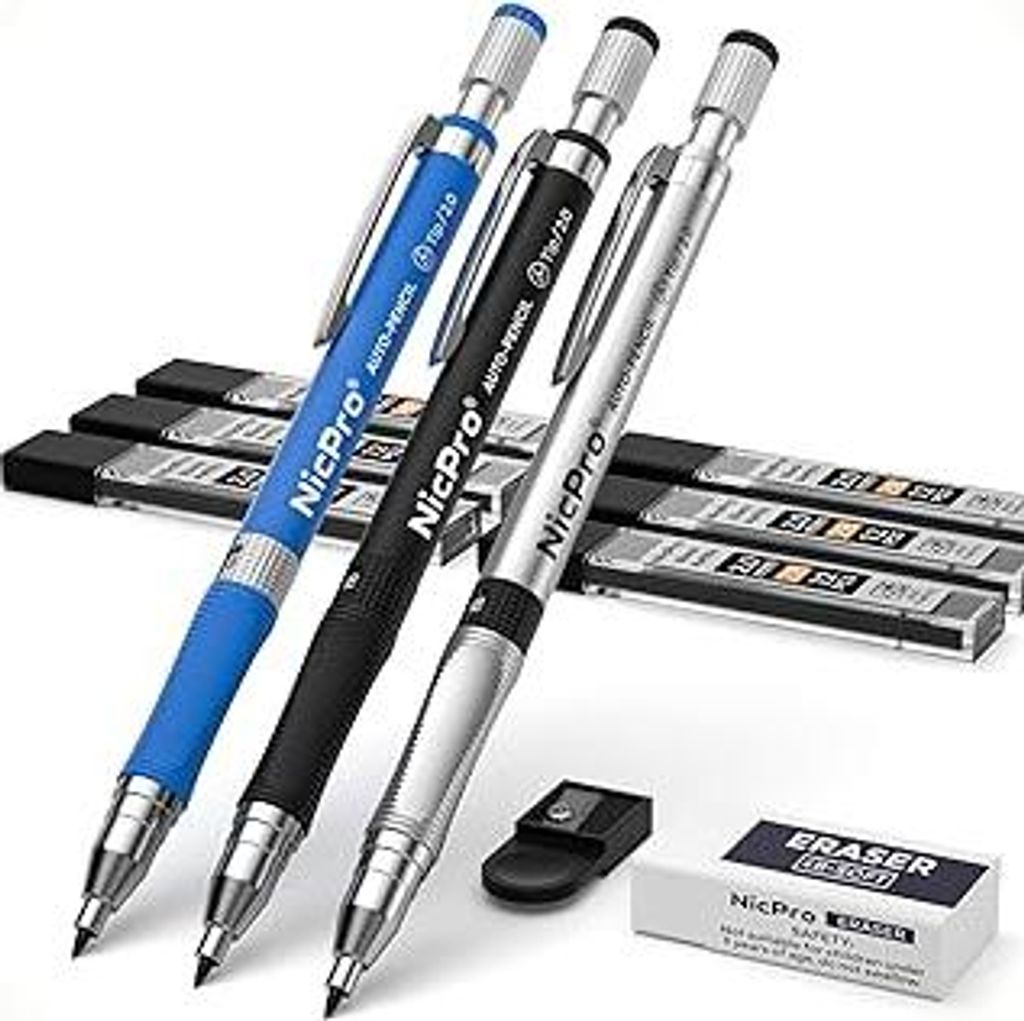 Nicpro 3 Stücke Druckbleistifte Set Fallminenstift Mechanische Bleistifte 2mm mit 6 Dosen Bleimine (HB 2B), Radiergummis, Anspitzer für Schreiben...