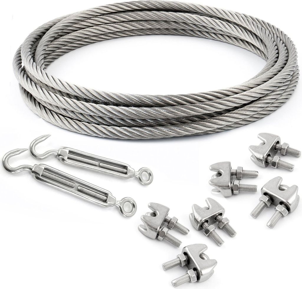 DRAHTSEIL EDELSTAHL + 6 SEILKLEMMEN + 2 SPANNSCHLOSS HAKEN-OSE 6mm 5 Meter 7x19 Edelstahlseil Seil Stahlseil