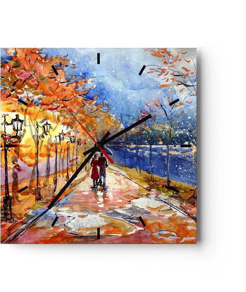 Wanduhr - Quadrat - Glasuhr - Park Paar Baum - 40x40cm - Schleichendes Uhrwerk - Lautlos - zum Aufhängen bereit - Dekoration Modern - Wanddekorati...