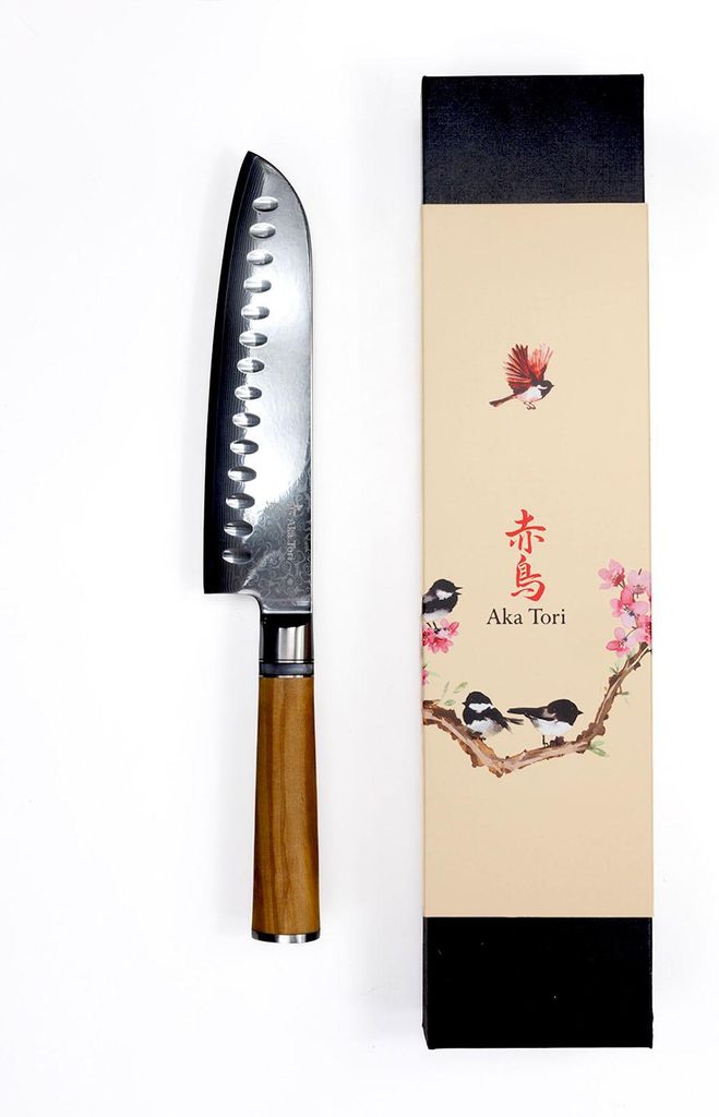 Santoku-Messer „Aka Tori“ aus Damaszenerstahl, 18 cm – Kyoto Olive