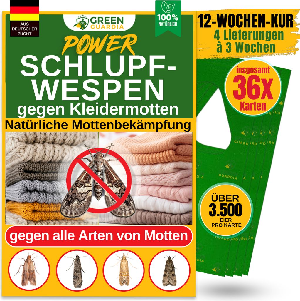 Schlupfwespen gegen Kleidermotten,9 Karten x 4 Lieferung (36 Karten) GreenGuardia- -Mottenschutz,Alternativ zu:Mottenfalle,Mottenkugel,Klebefalle