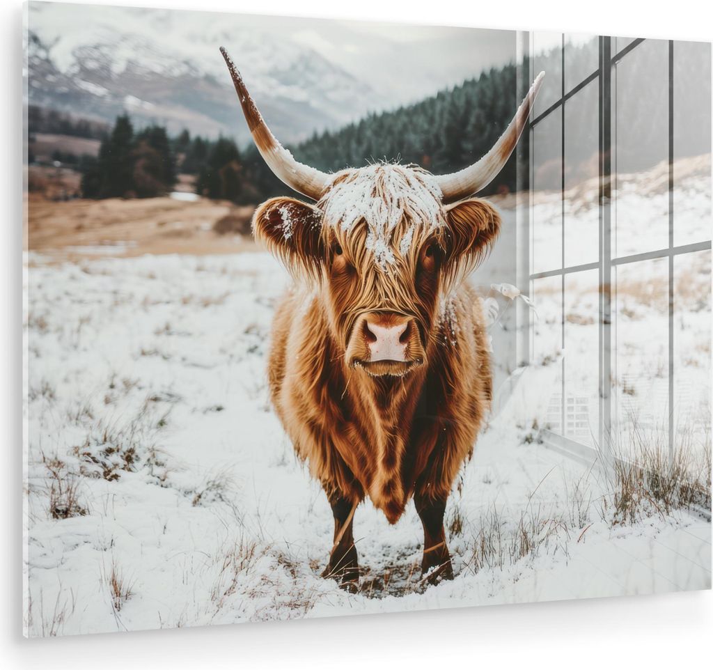 MuchoWow Glasbilder - Bilder auf Wandbild - Foto auf Glas Schottische Hochlandrind - Landschaft - Schnee - Berge - Winter 40x30 cm Wanddekoration a...
