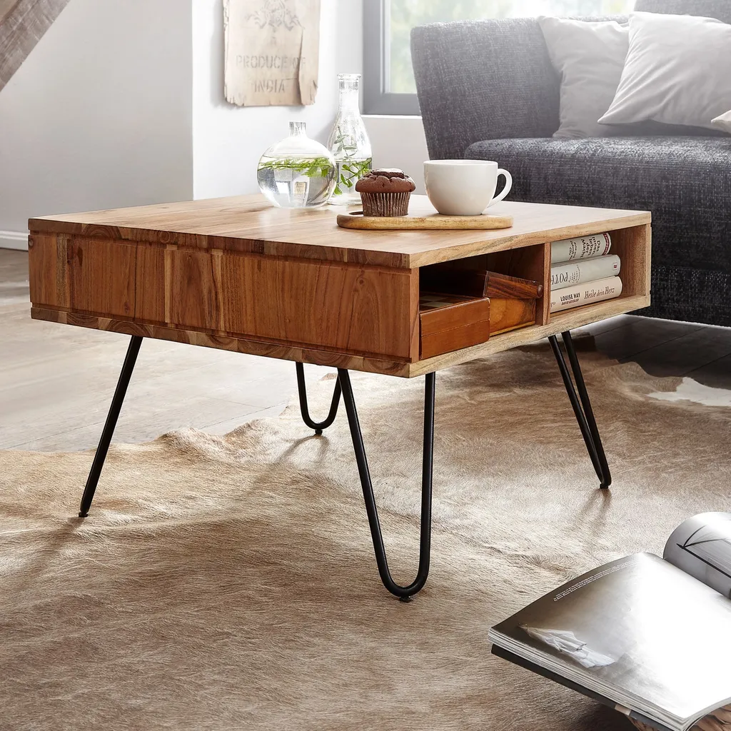 Table basse stable en bois d'acacia FineBuy pour petits salons urbains