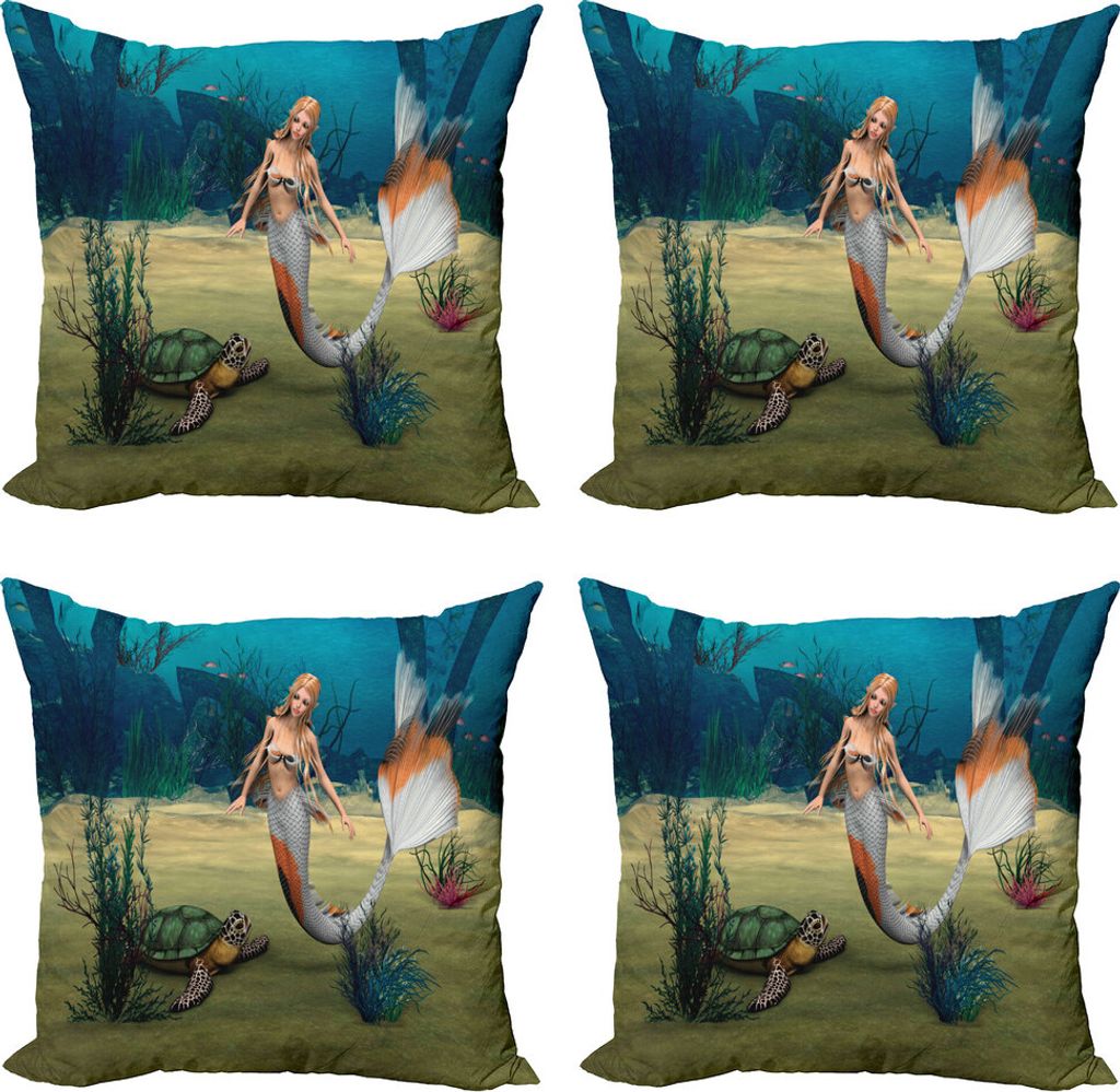 ABAKUHAUS Meerjungfrau Kissenbezug Set (4 Stück), Mermaid Turtle Ozean, Moderner Doppelseitiger Digitaldruck, 50 cm x 50 cm, Mehrfarbig