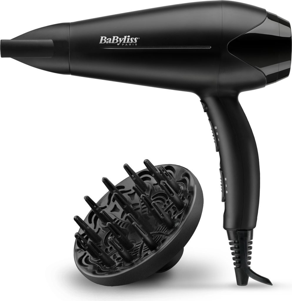 A black Babyliss hair dryer and its diffuser attachment are shown against a white background.