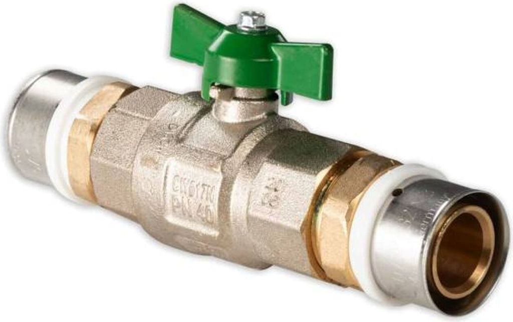 Selfio-Press Aluverbund Pressfitting Kugelhahn 32 x 3 mm Flügelgriff grün TH + U Kontur DVGW