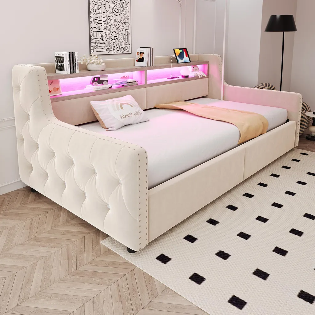Lit une Place 90x200 Idéal Studio avec Rangement sous Lit et Prises USB