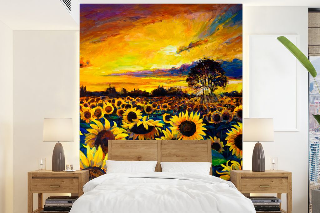 MuchoWow Fototapete für Wohnzimmer oder Schlafzimmer Wandtapete Vinyl Motivtapete Gemälde - Ölfarbe - Blumen - Sonnenblume - 165x220 cm - Wand...