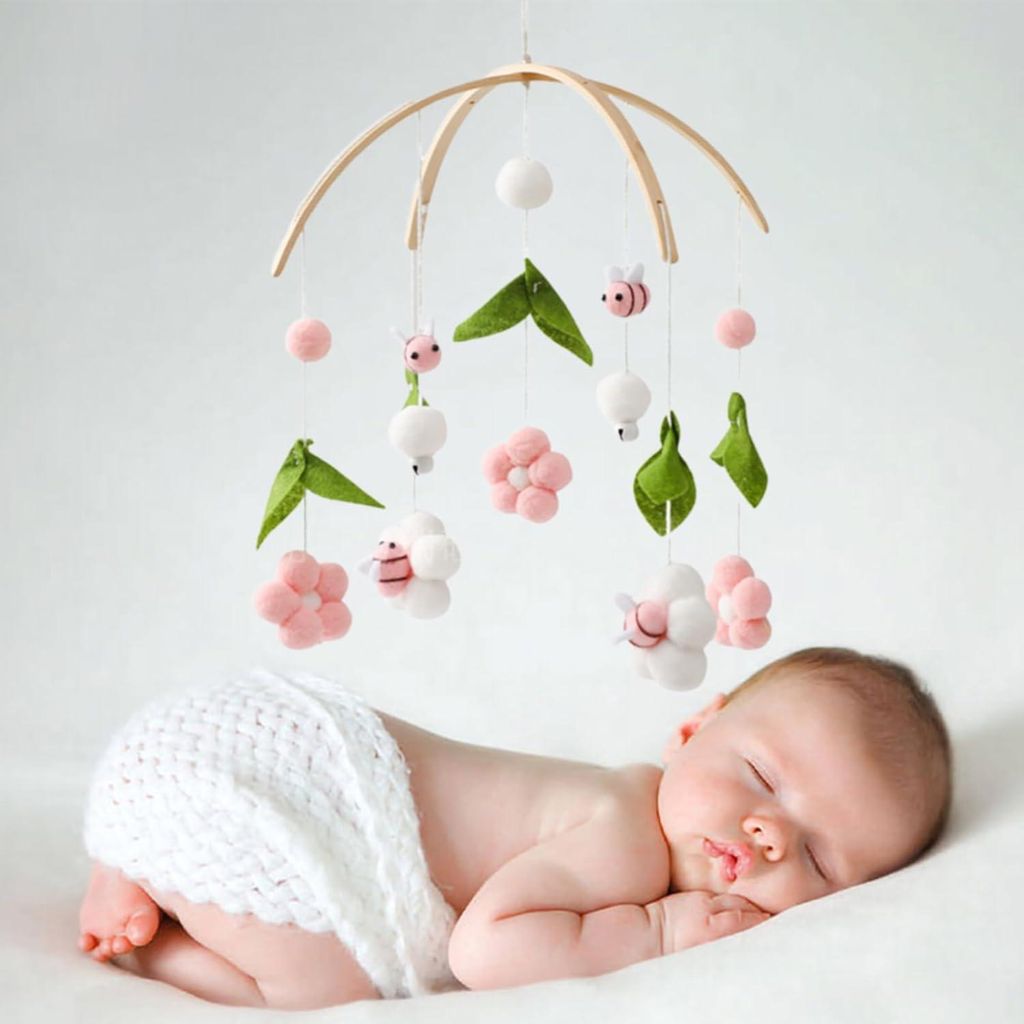 Mobile mit Filzkugeln, frischen Blumen und Bienen, hängendes Bettspielzeug für das Kinderzimmer, für Babybett, Wickeltisch, Dekoration, rosa