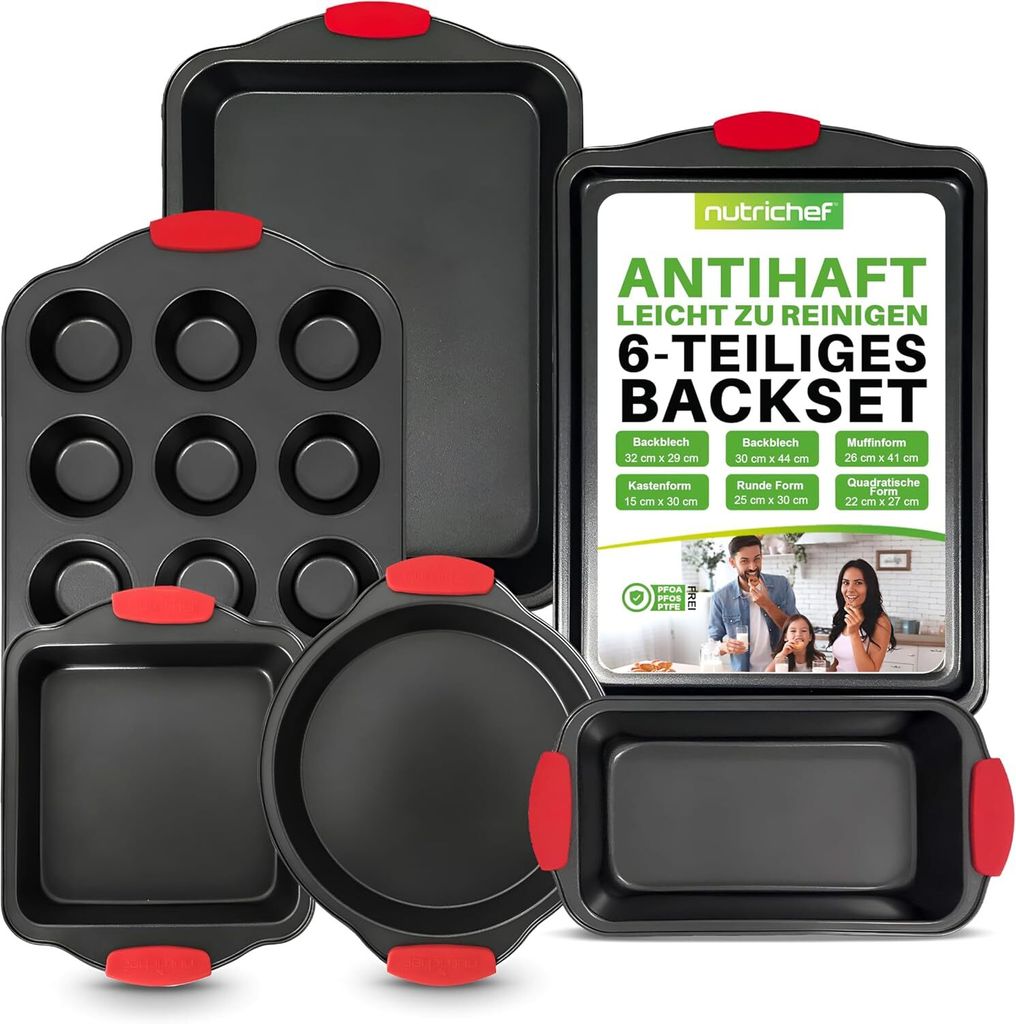 NutriChef 6-Teiliges Backform Antihaft – Stapelbare Backzubehör für Küche, als Backblech für den Ofen oder Gefrierschrank – mit Silikongriffen