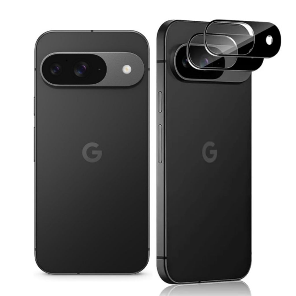 Two black smartphones are shown from the back, one with a camera lens protector kit hovering above it.