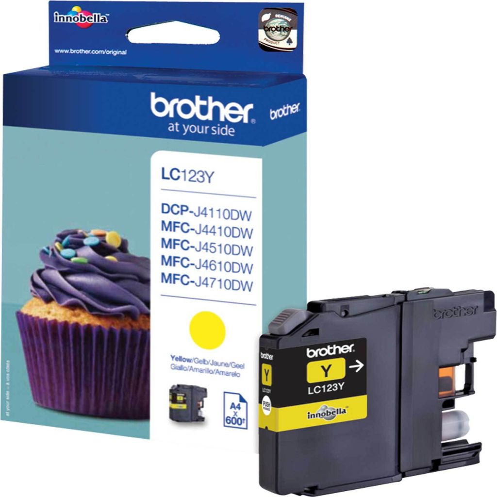 A Brother LC123Y yellow ink cartridge and its packaging are shown. The packaging features a cupcake illustration.