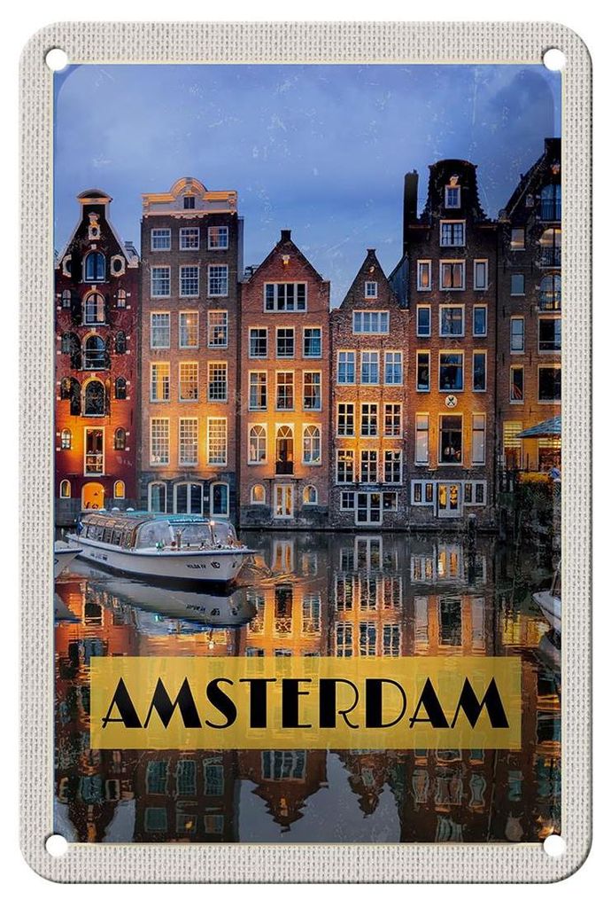 Blechschild Reise 12x18cm Amsterdam bei Nacht Reiseziel Dekoration