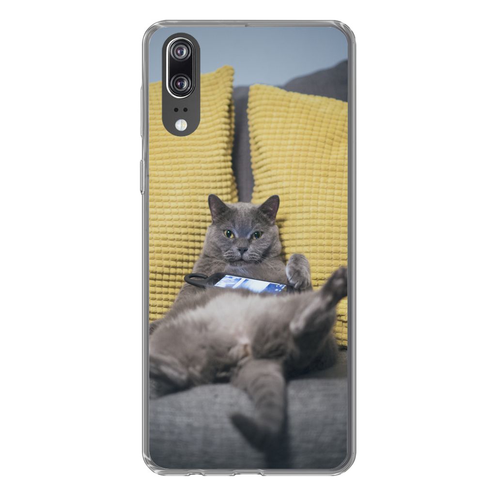 MuchoWow Handyhülle Schutzhülle Hülle für Huawei P20 Katze - Bank - Faule Silikon Softcase Handy Hülle - Hardcover