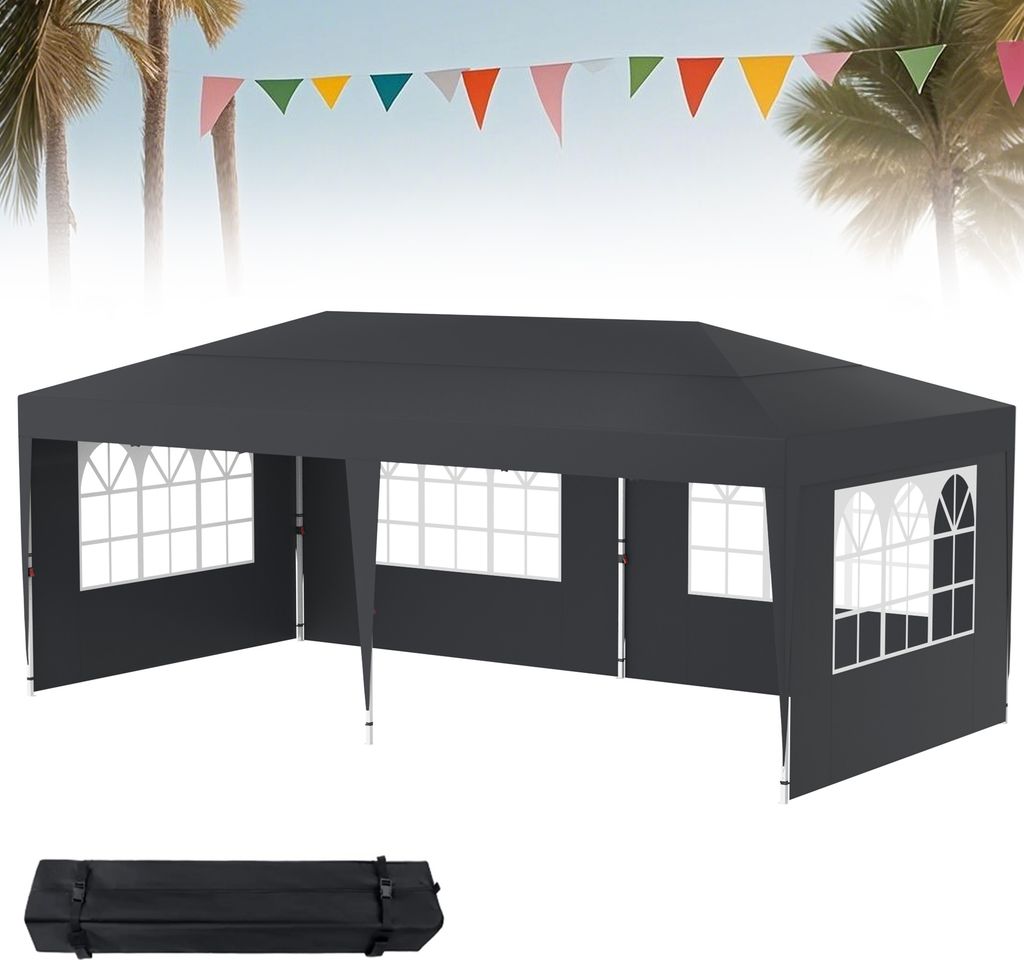XMTECH Pop-Up 3x6 Faltbar Pavillon mit 4 Seitenteilen, Höhenverstellbar 2,4m - 2,6m Partyzelt für Outdoor, Stabil, UV-Schutz, Wasserdicht, Anthrazit