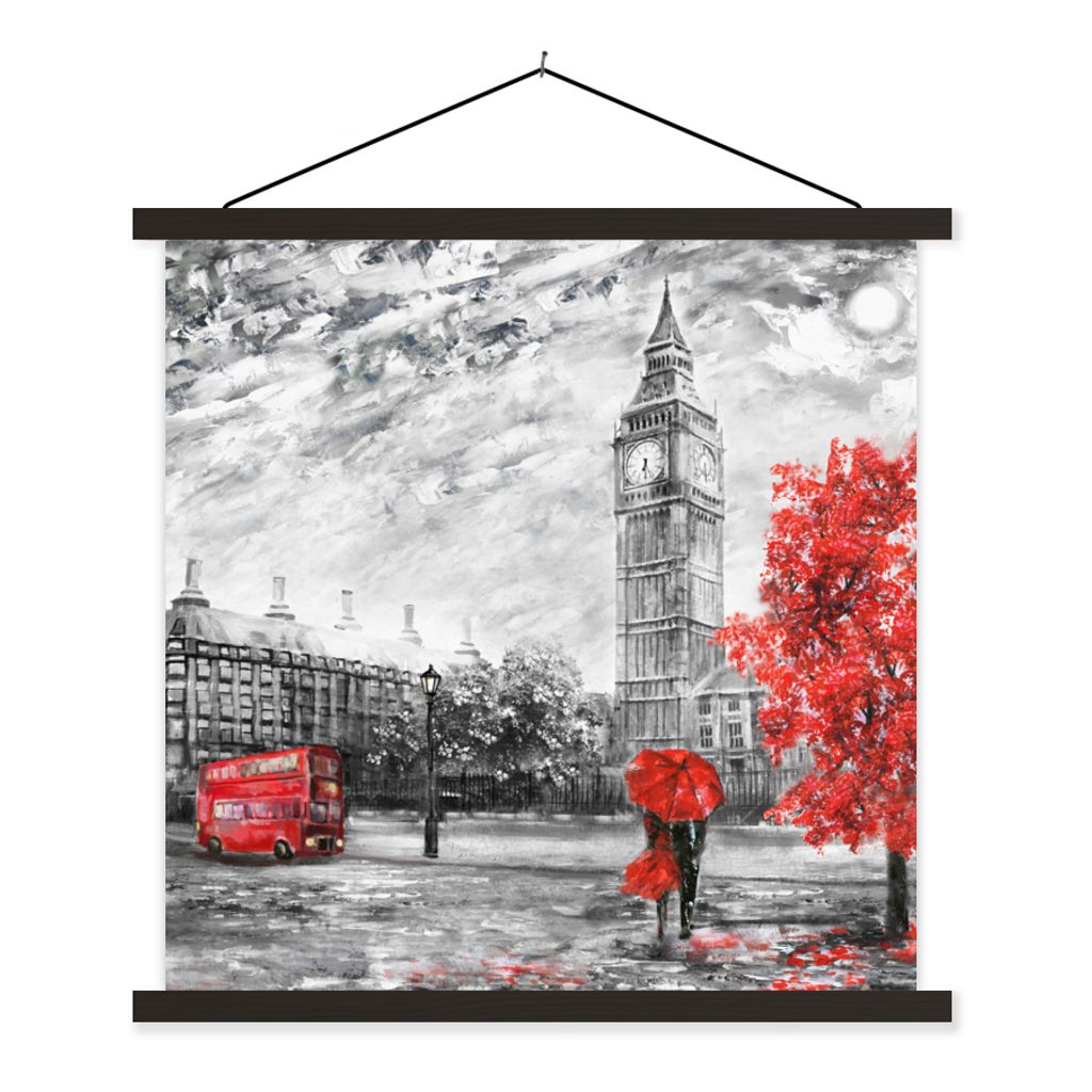 MuchoWow Textilposter Gemälde - Big Ben - Rot - Regenschirm 120x120 cm mit schwarzem Rahmen - Aufhängungsset