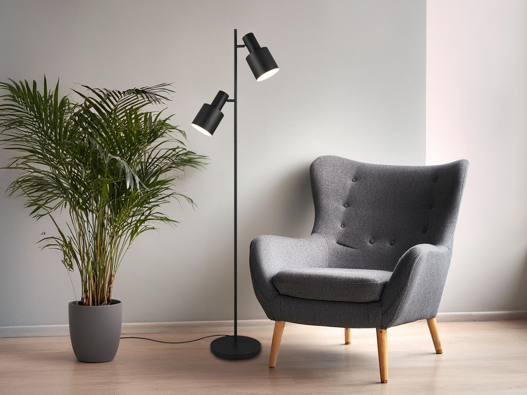 Große LED Stehlampe Schwarz mit 2 schwenkbaren Spots, Leselampe für Wohnzimmer