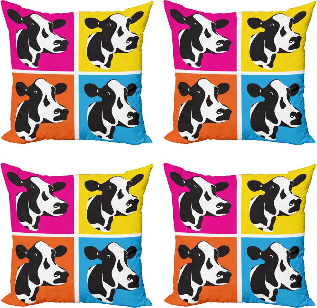 ABAKUHAUS Das Vieh Kissenbezug Set (4 Stück), Pop-Art-Kuh-Heads Bild, Moderner Doppelseitiger Digitaldruck, 60 cm x 60 cm, Mehrfarbig