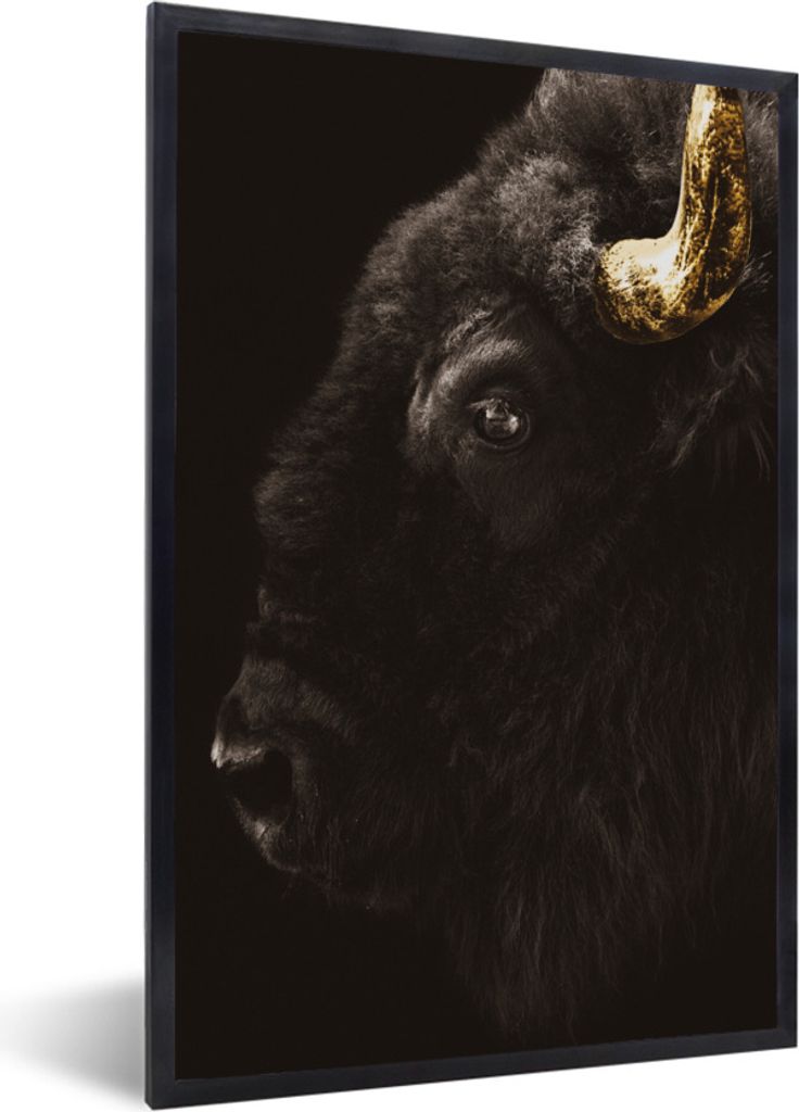 MuchoWow Gerahmtes Poster Bison - Schwarz - Gold 40x60 cm - Poster mit Schwarzem Bilderrahmen Wandposter Rahmen Foto Bilder - Papierdruck - Wandb...