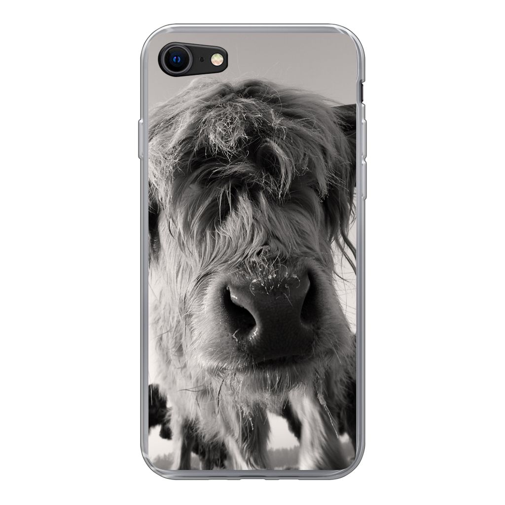 MuchoWow Handyhülle Schutzhülle Hülle für iPhone SE 2022 Schottischer Highlander - Schwarz - Weiß - Tiere Silikon Softcase Handy Hülle - Sc...